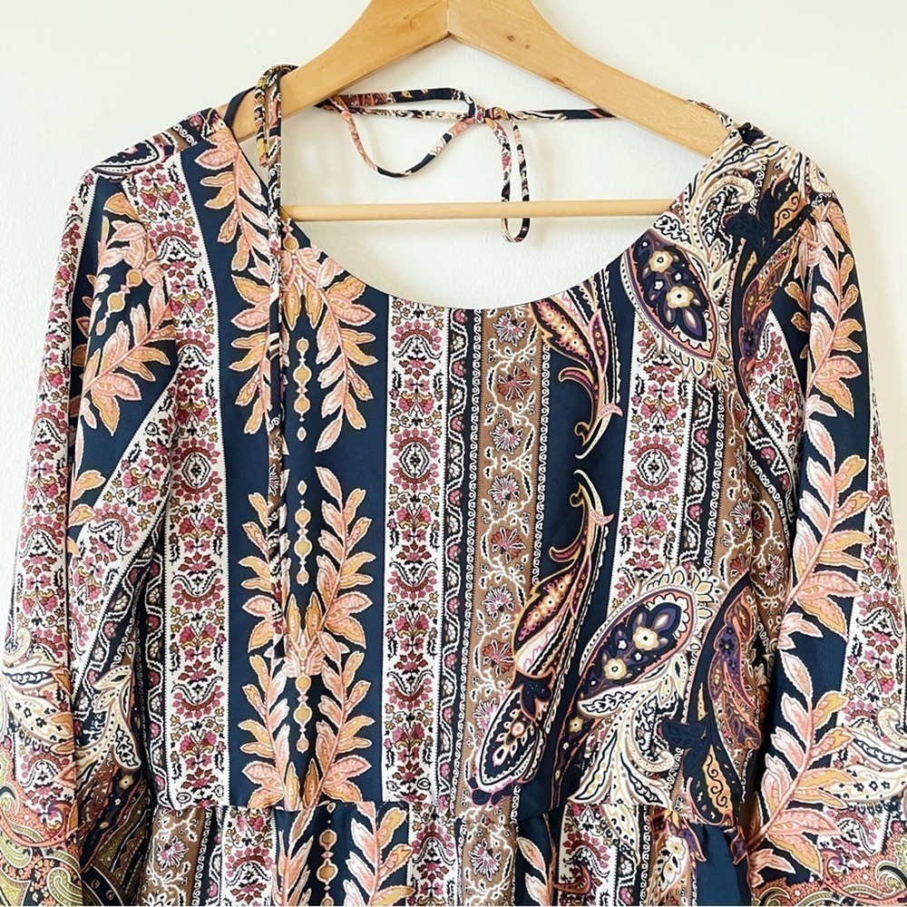 Sage open-back Boho Festival Long-sleeve Dress Paisley A-line Sheath Mini M - Picture 6 of 11